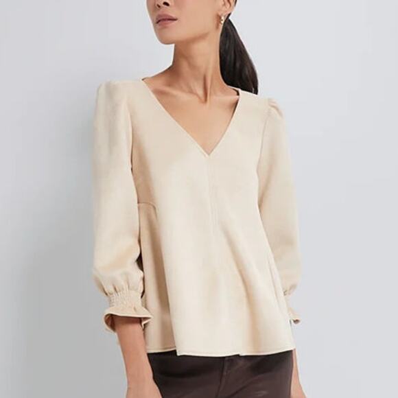 Tuckernuck Bone Suede Easton V-Neck Ruffles 3/4 Sleeve Blouse Cream S - Picture 1 of 10